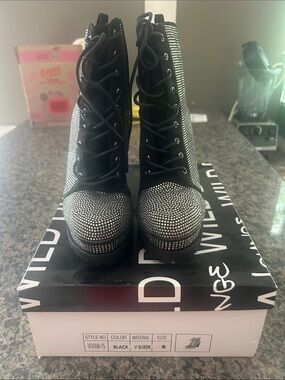 Wild Diva Black Rhinestone Lace-Up Platform Boots